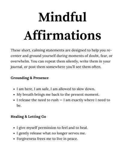 Mindful affirmations page preview from the Soft Reset digital self-care eBook, featuring grounding, presence, healing, and letting go affirmations for emotional well-being.