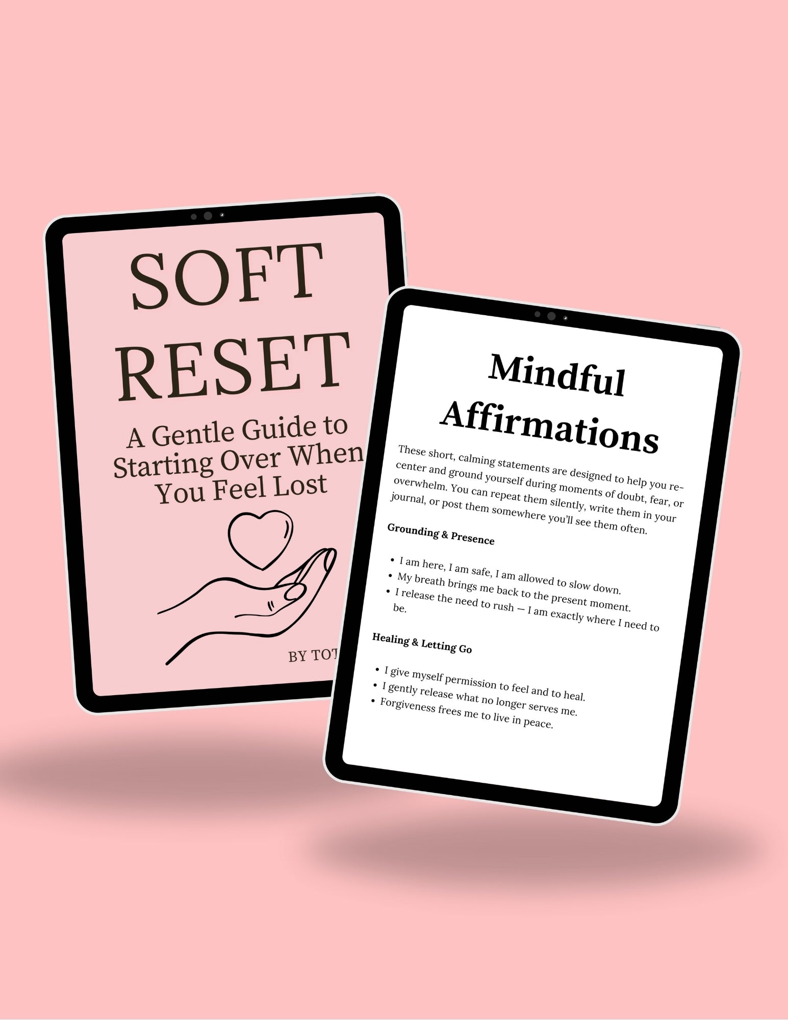 Soft Reset gentle self-help eBook mockup displaying mindful affirmations for grounding, healing, and emotional clarity, pink tablet preview for digital download self-care journal.